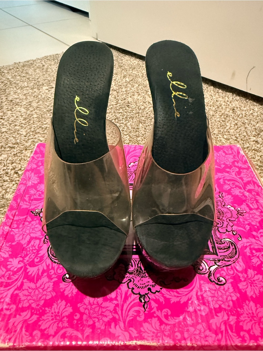 Elle Clear Platform Slide Sandals with Black Footbed